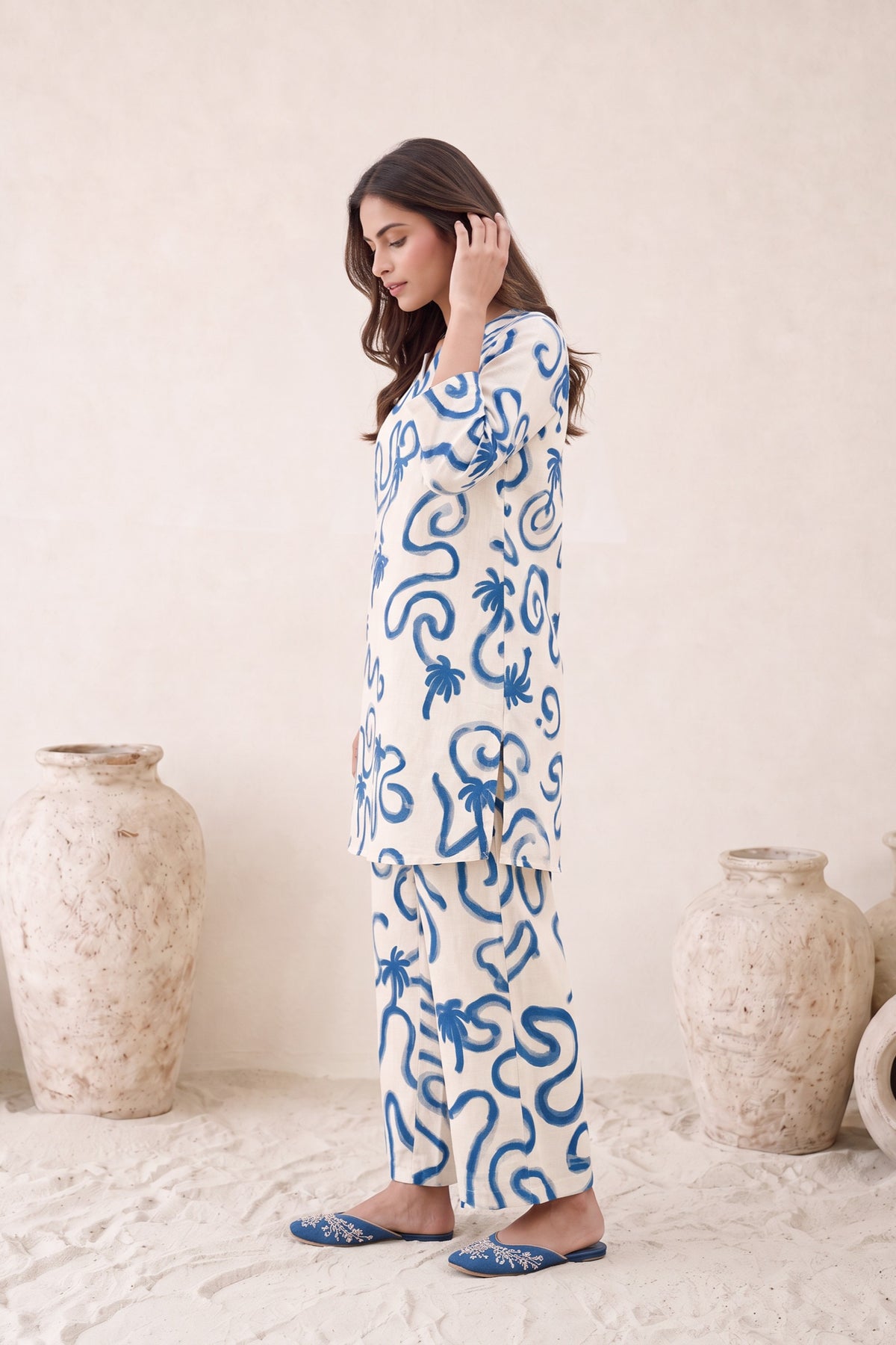 Off White Blue Wave Print Cotton Flex Co-ord Set
