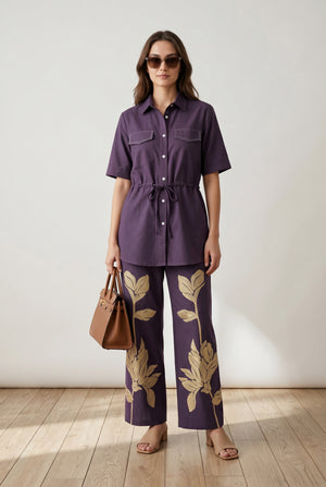 Purple Floral Embroidered Pant Cotton Flex Co-ord Set