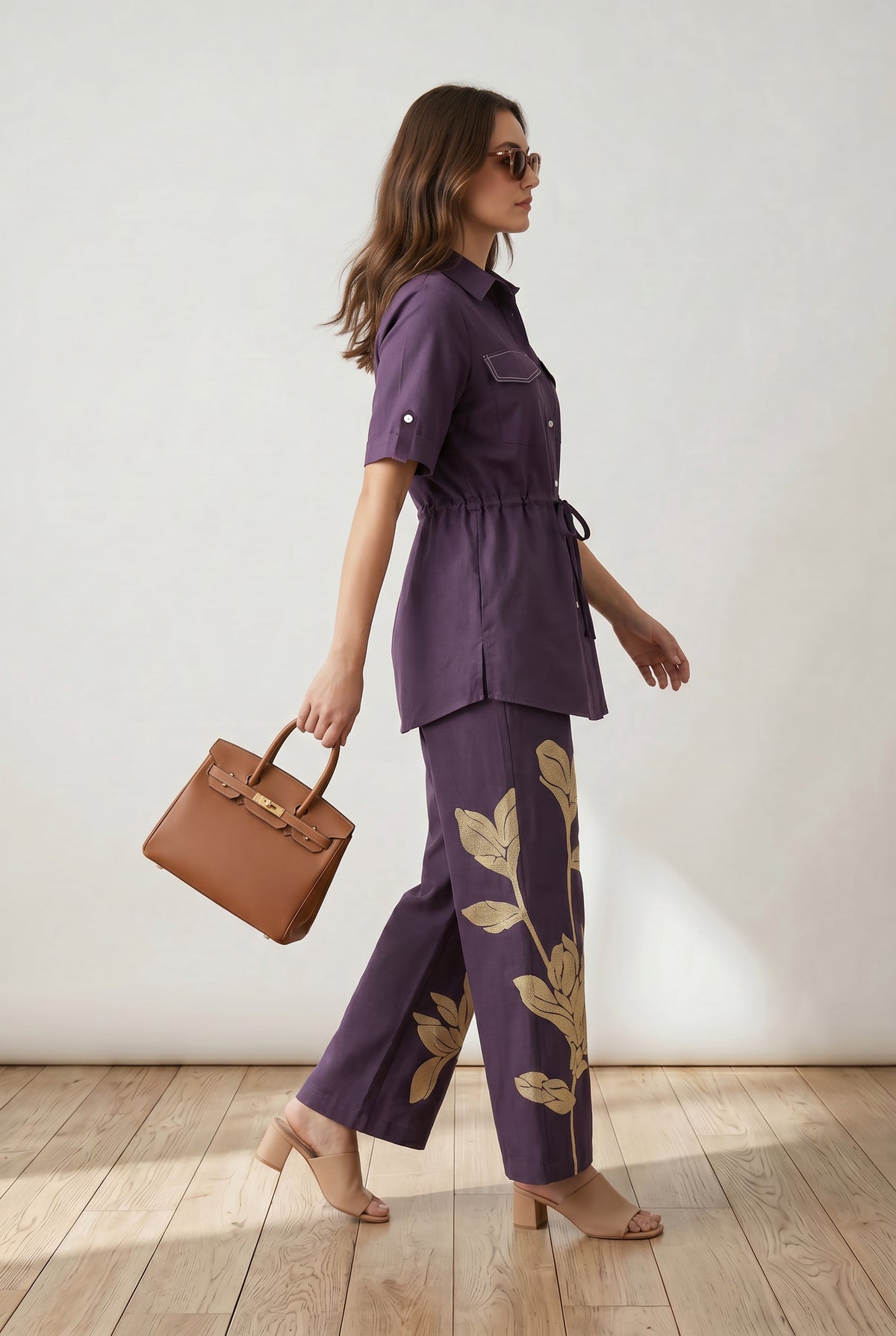 Purple Floral Embroidered Pant Cotton Flex Co-ord Set