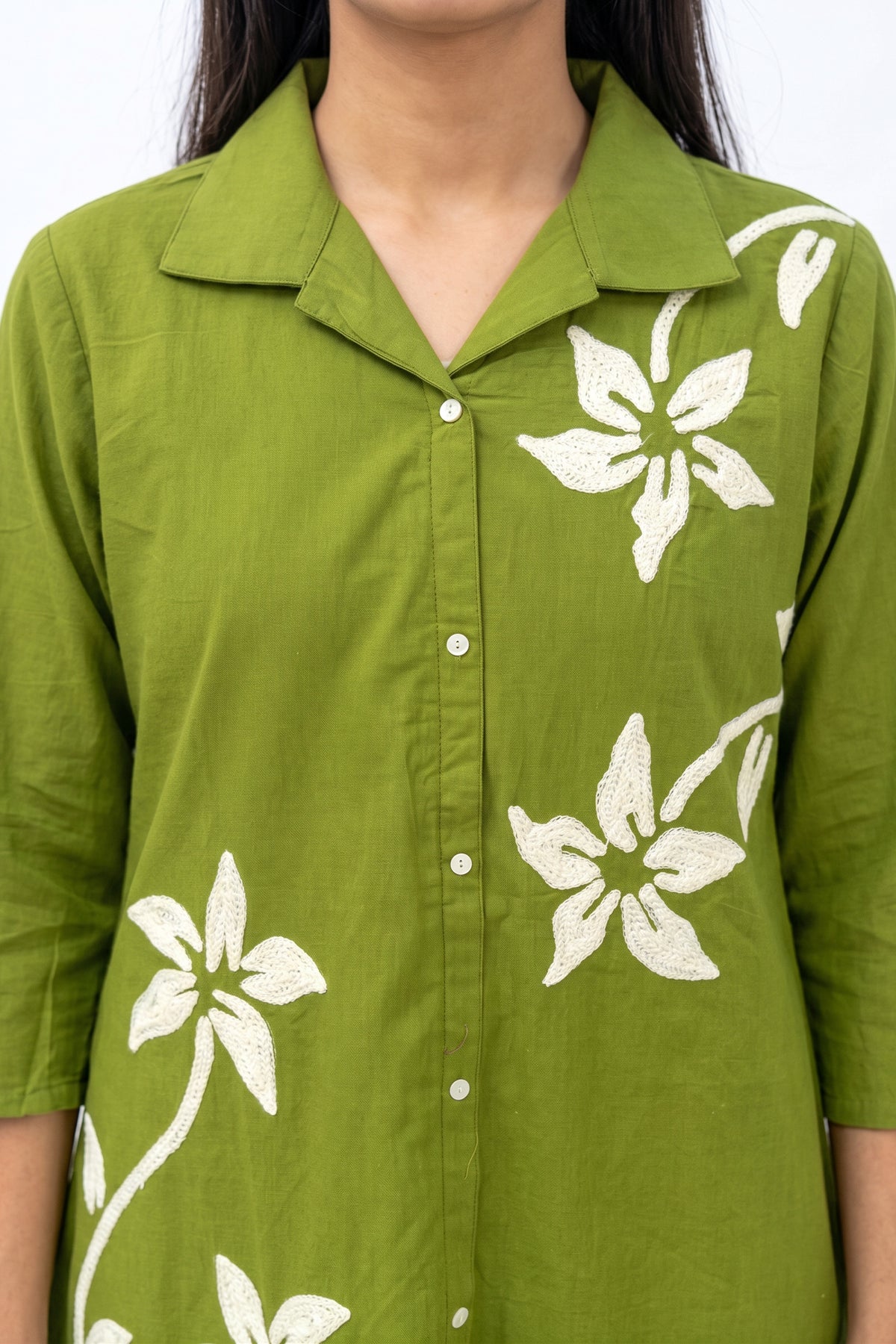 Olive Green Floral Embroidery Shirt & Trouser Cotton Flex Co-ord Set