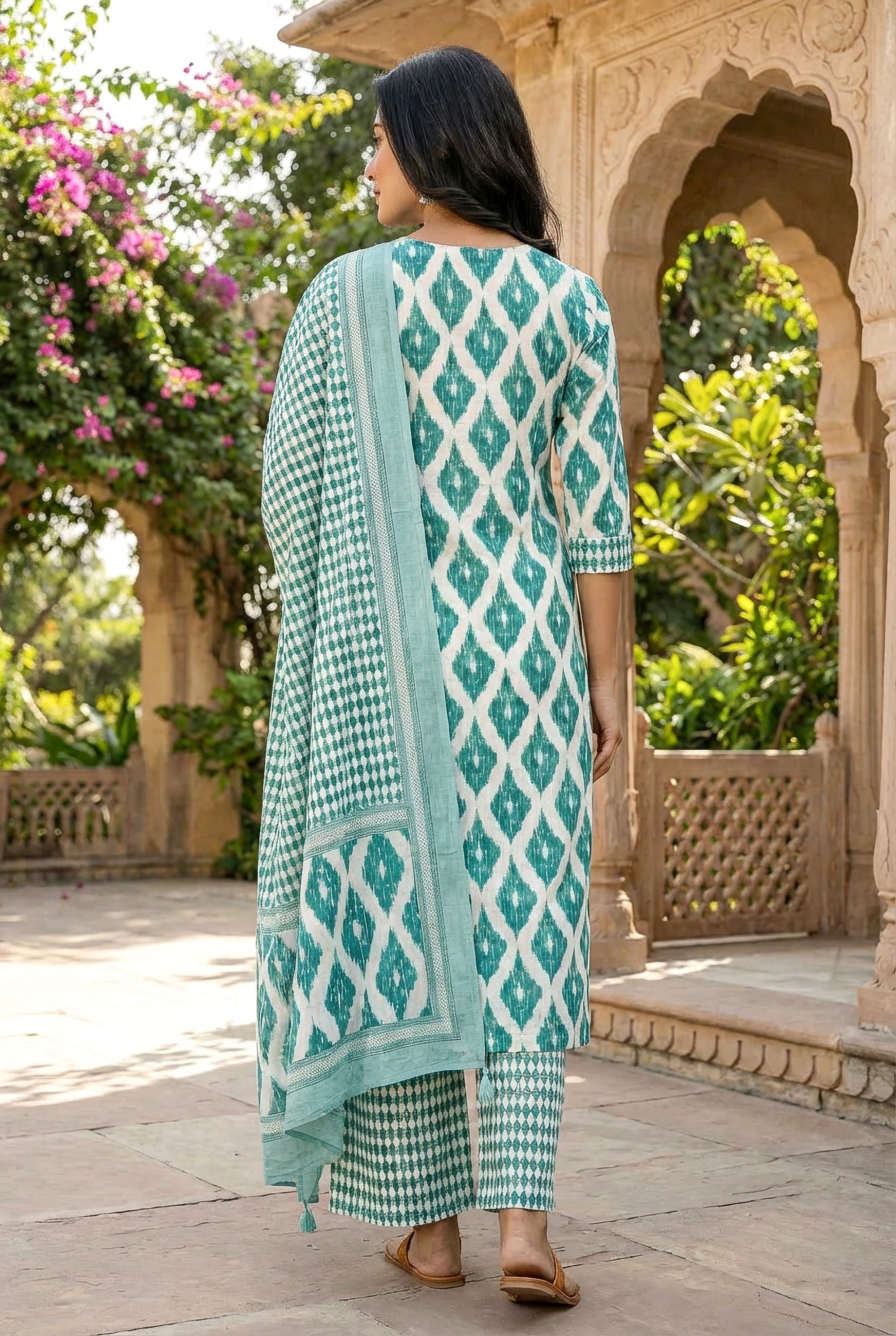 Teal Ikat Printed Straight Kurta with Palazzo Pants & Dupatta