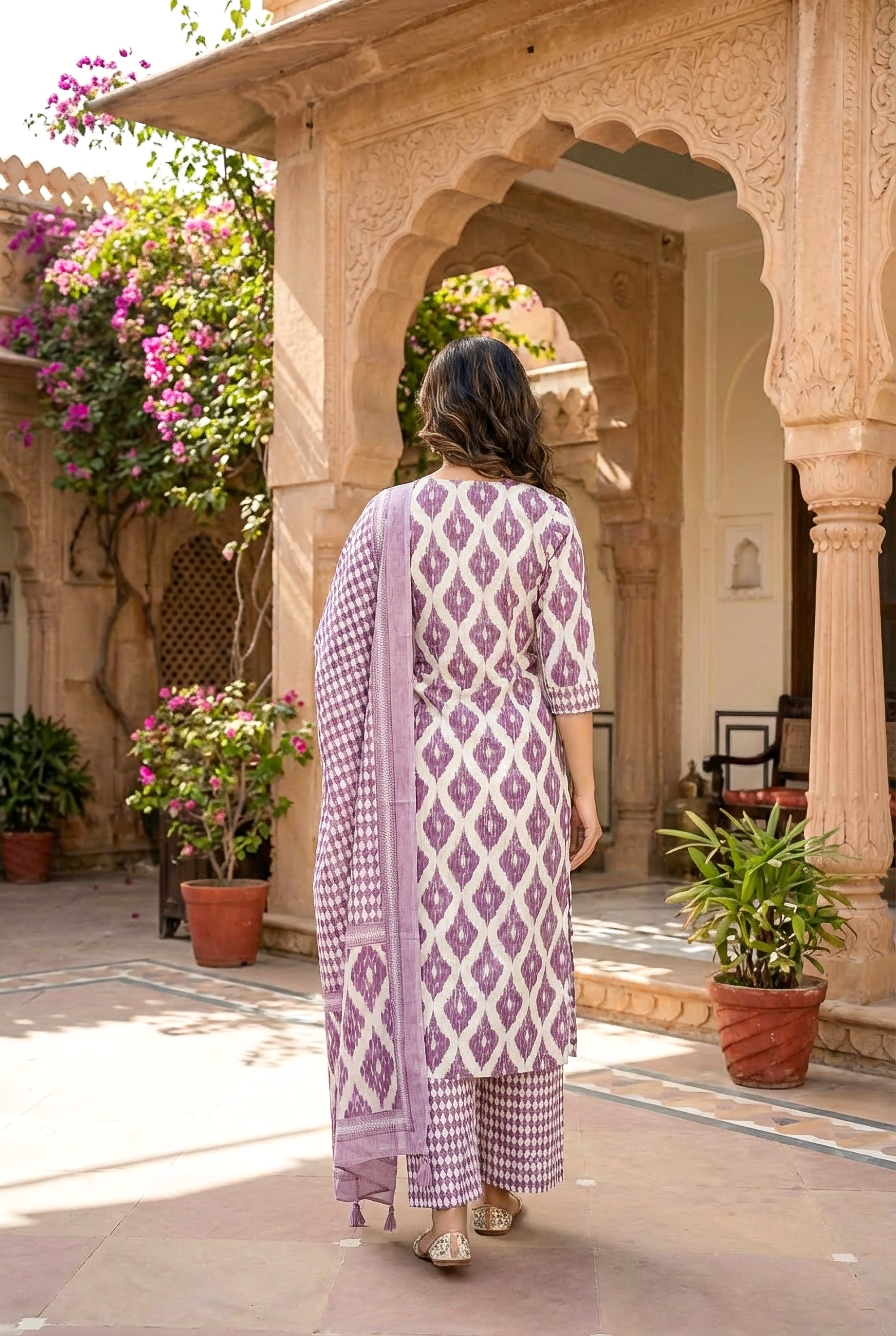 Lavender & White Ikat Printed Straight Kurta Set with Dupatta