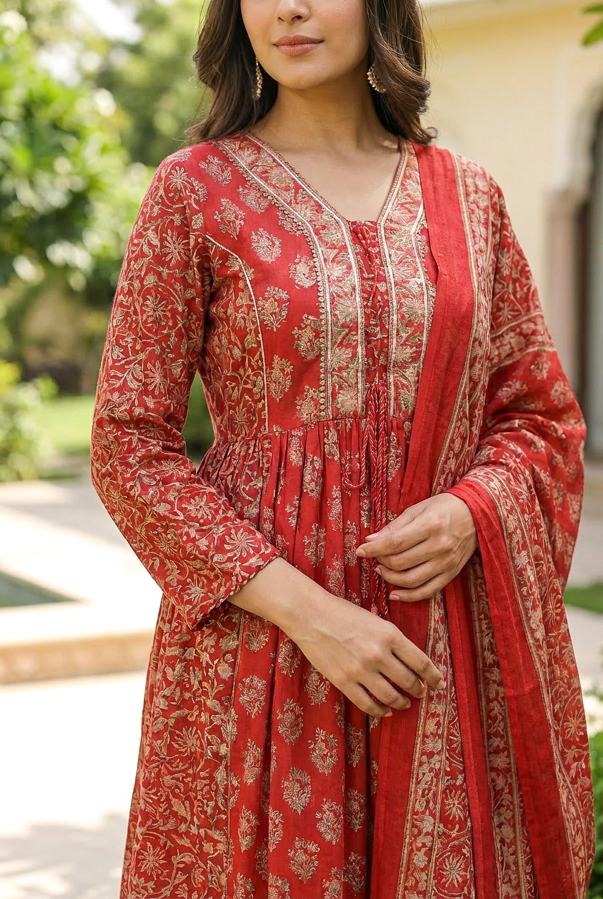 Red Floral Printed Anarkali Kurta Set with Dupatta
