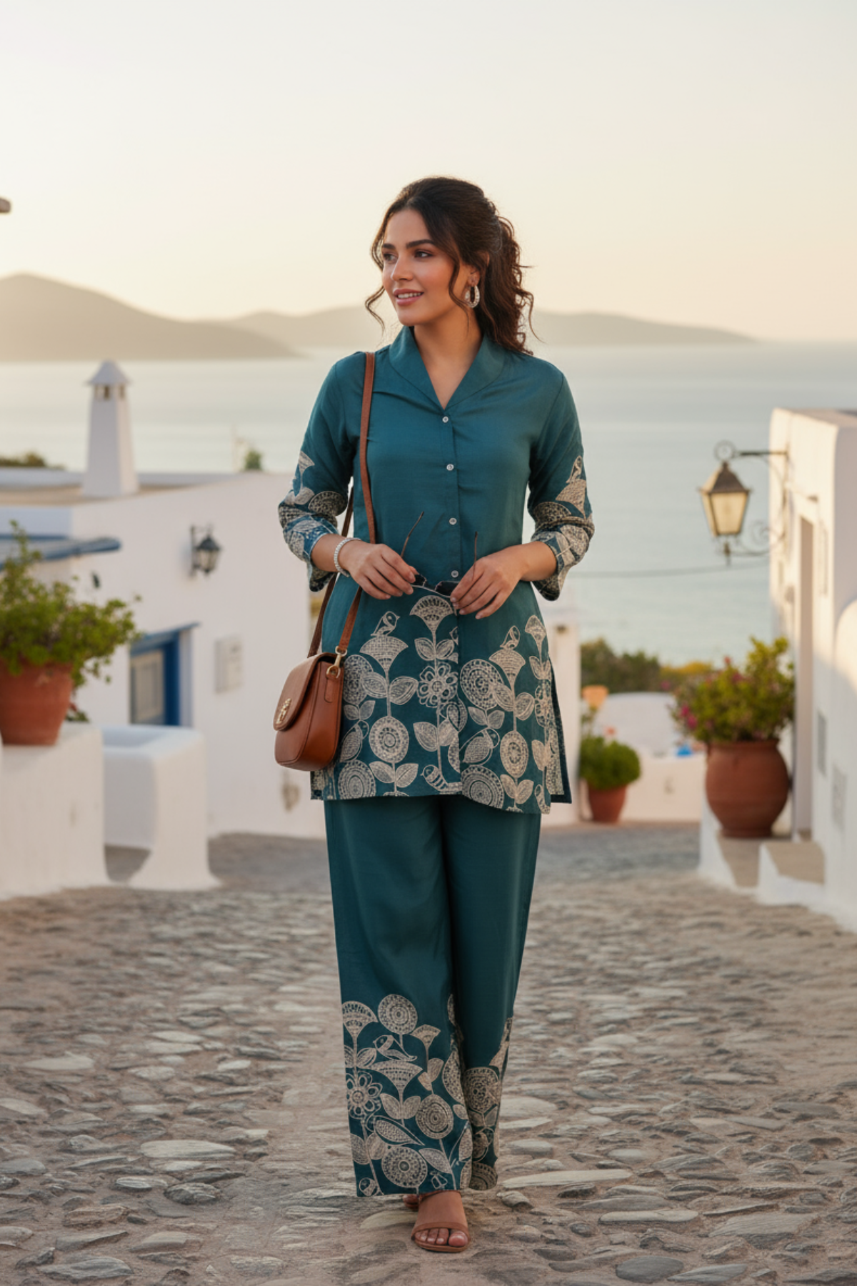 Mystic Leaf Printed Teal Russian Silk Co-ord Set