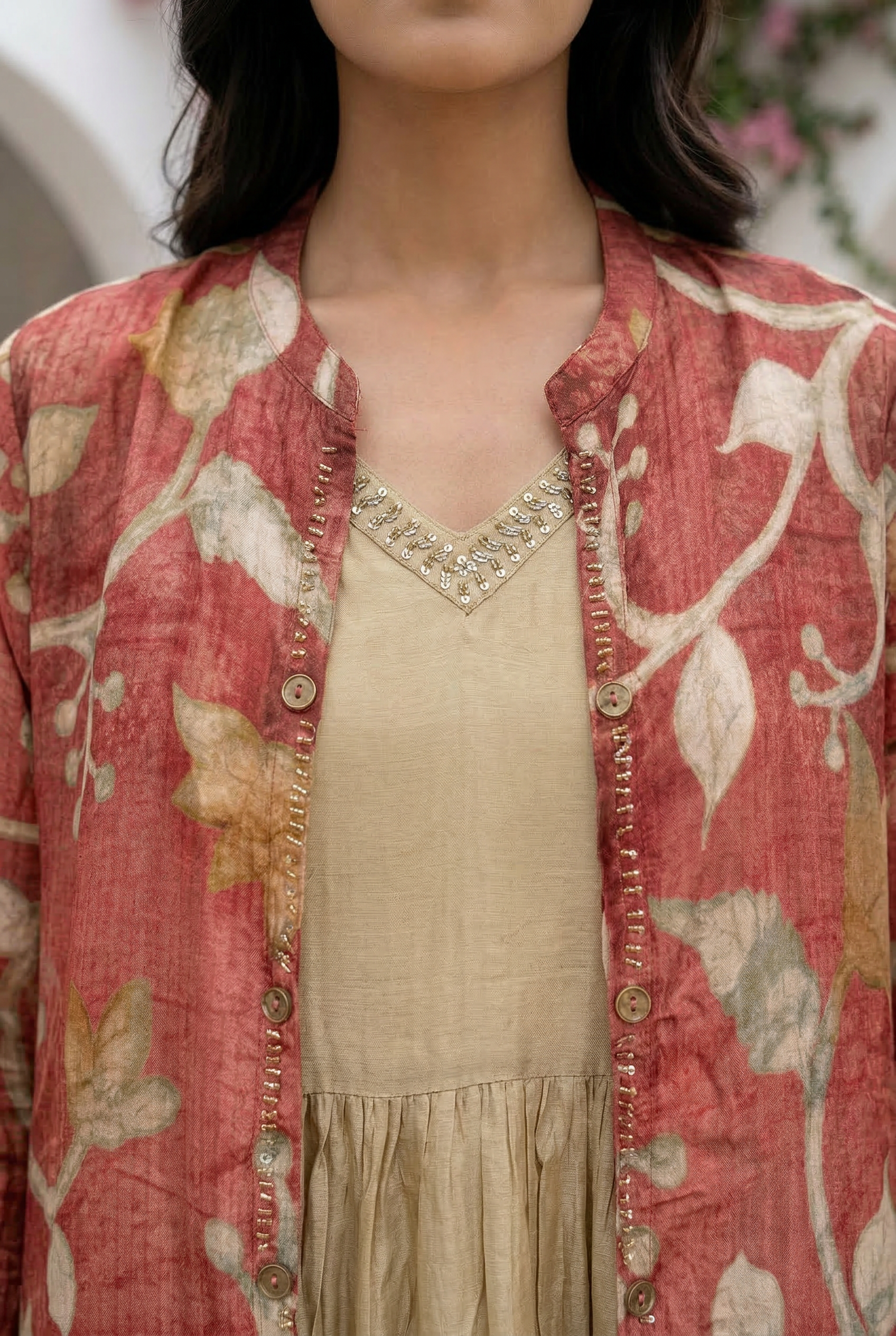 Maroon Flared Anarkali with Ethnic Printed Russian Silk Long Shrug Set