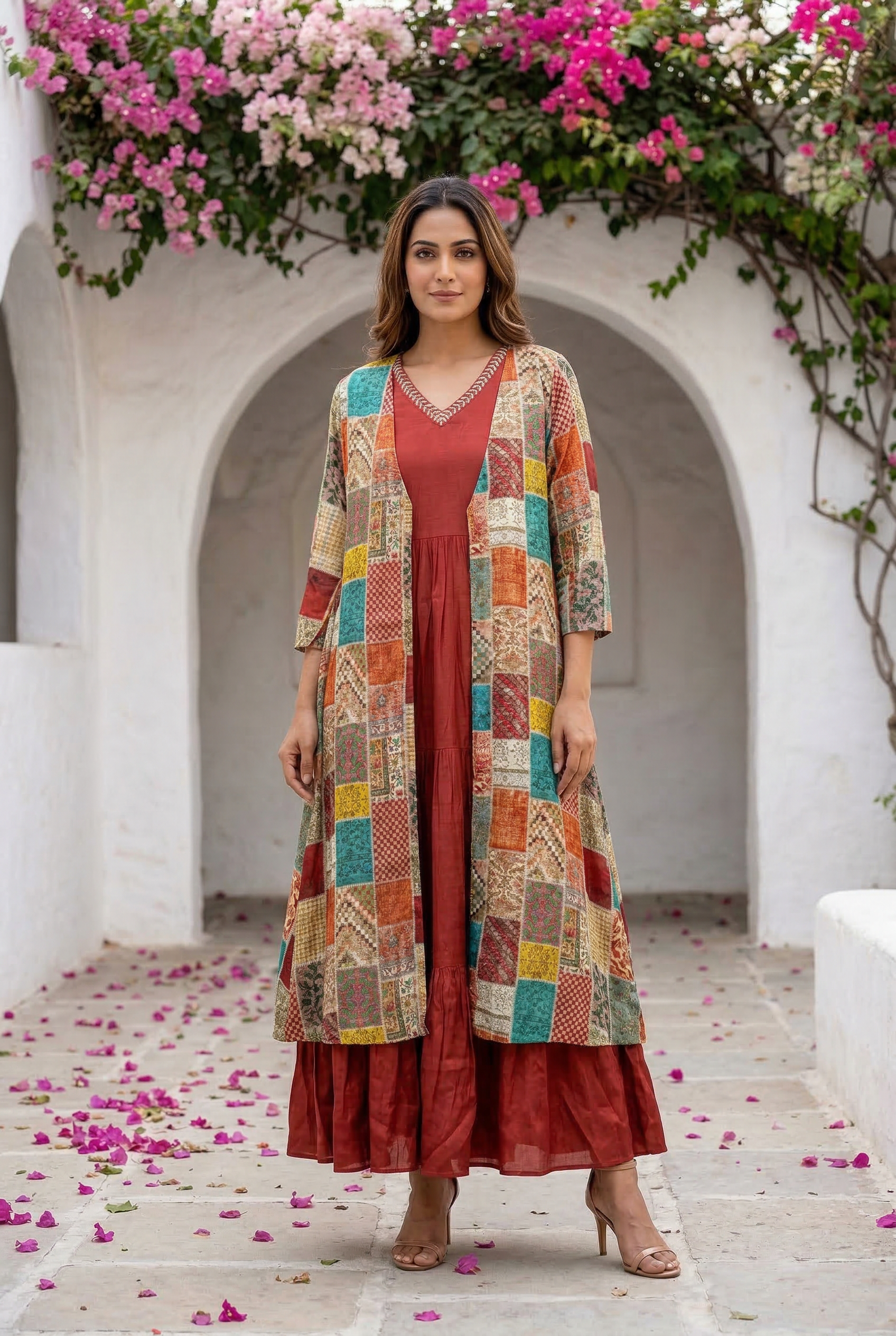 Multicolor Patchwork with Beige Anarkali Russian Silk Long Shrug Set