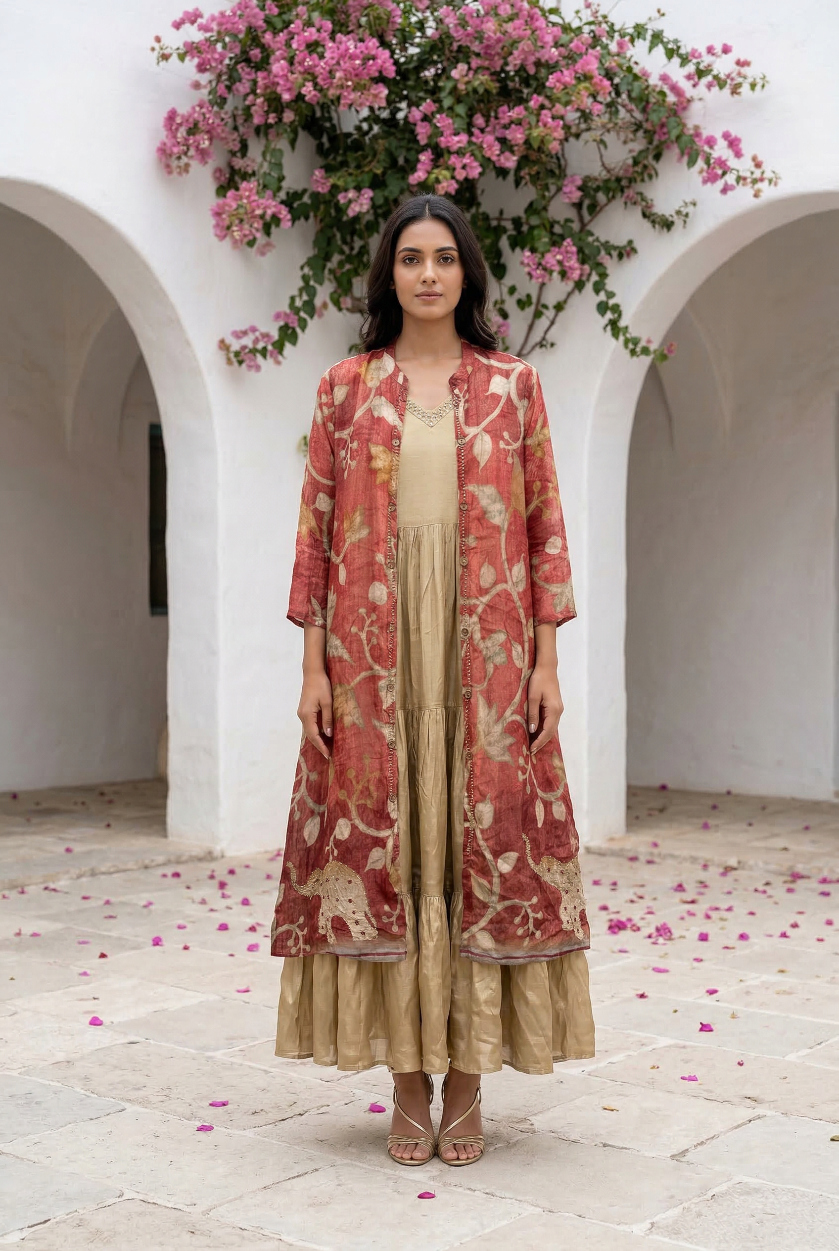 Maroon Flared Anarkali with Ethnic Printed Russian Silk Long Shrug Set