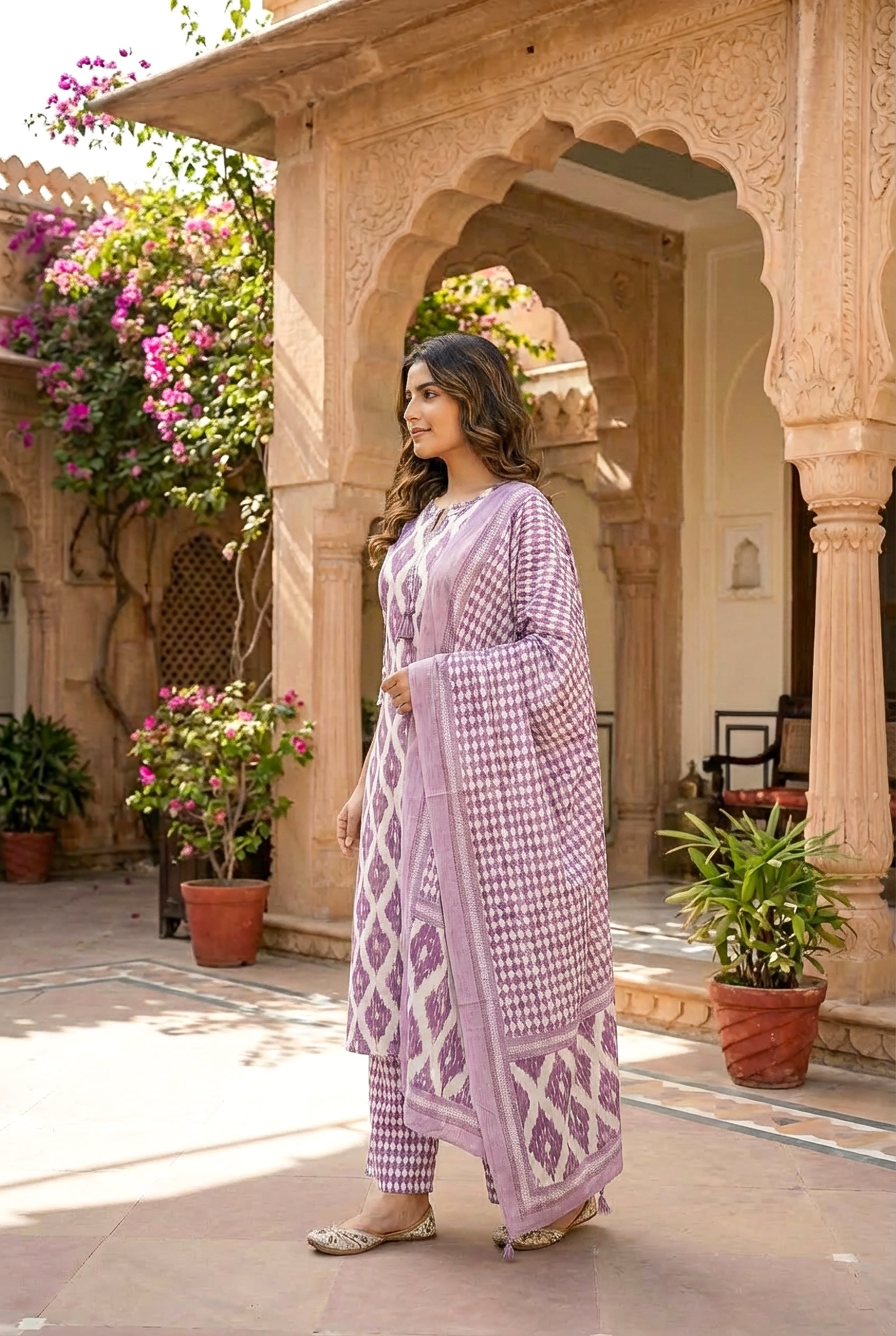 Lavender & White Ikat Printed Straight Kurta Set with Dupatta