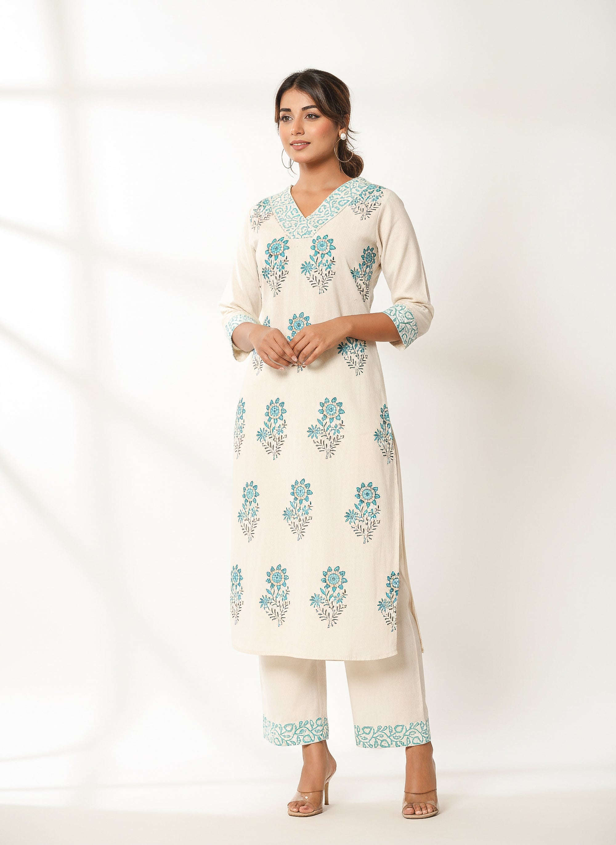 Cream & Aqua Floral Printed Straight Kurta with Palazzo Pants