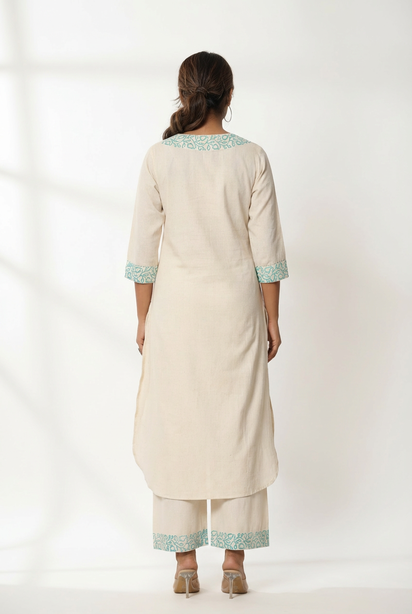 Cream & Aqua Floral Printed Straight Kurta with Palazzo Pants