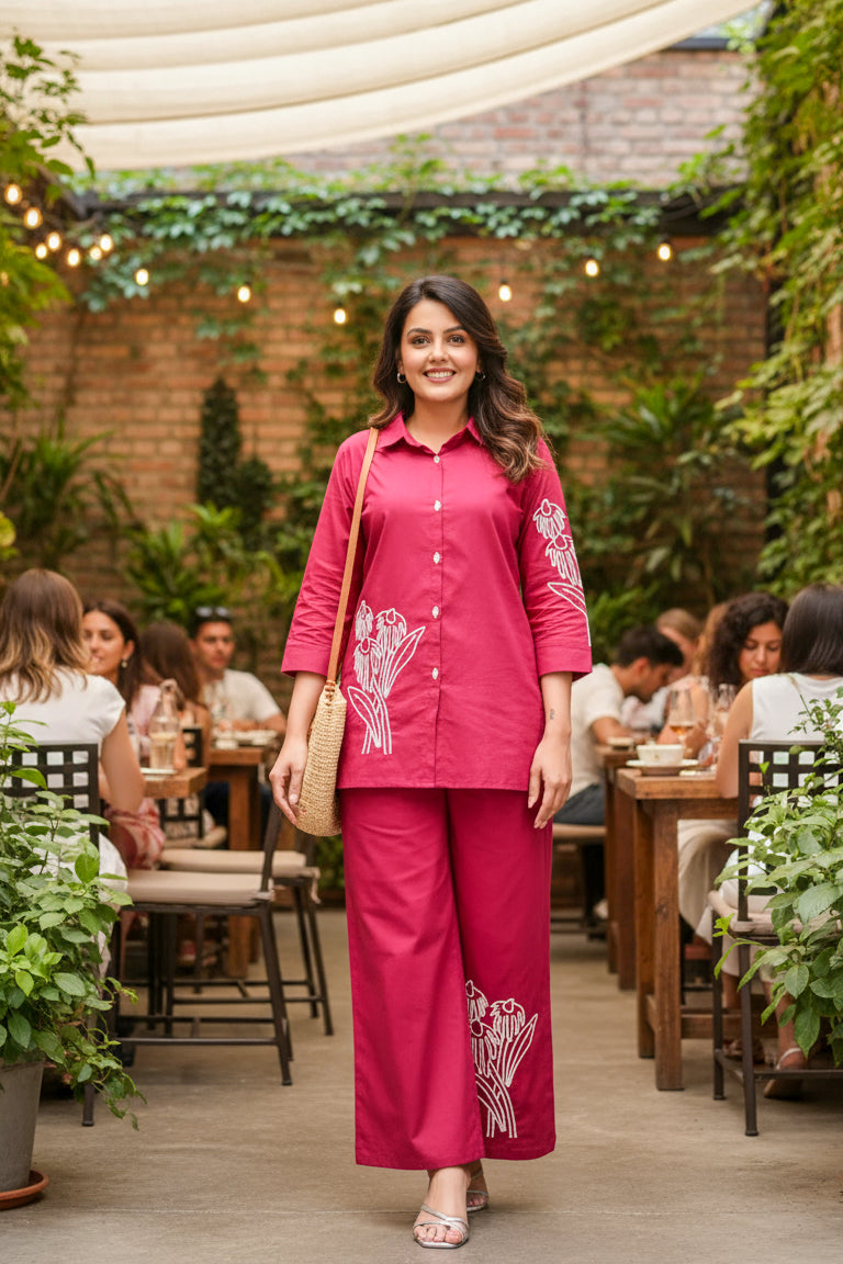 Fuchsia Floral Embroidered Cotton Co-ord Set