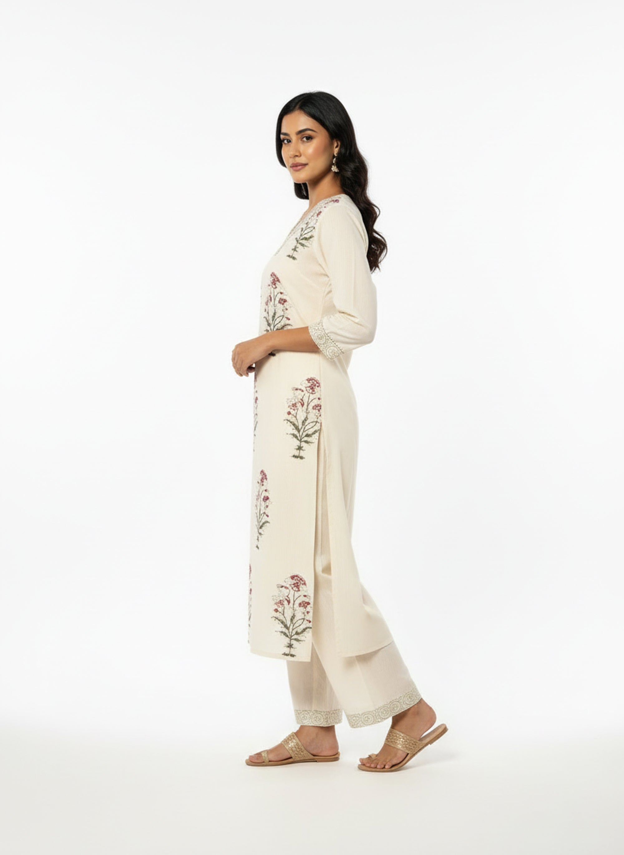 Graceful Ivory Floral Printed Kurta Set with Lace Border Detailing