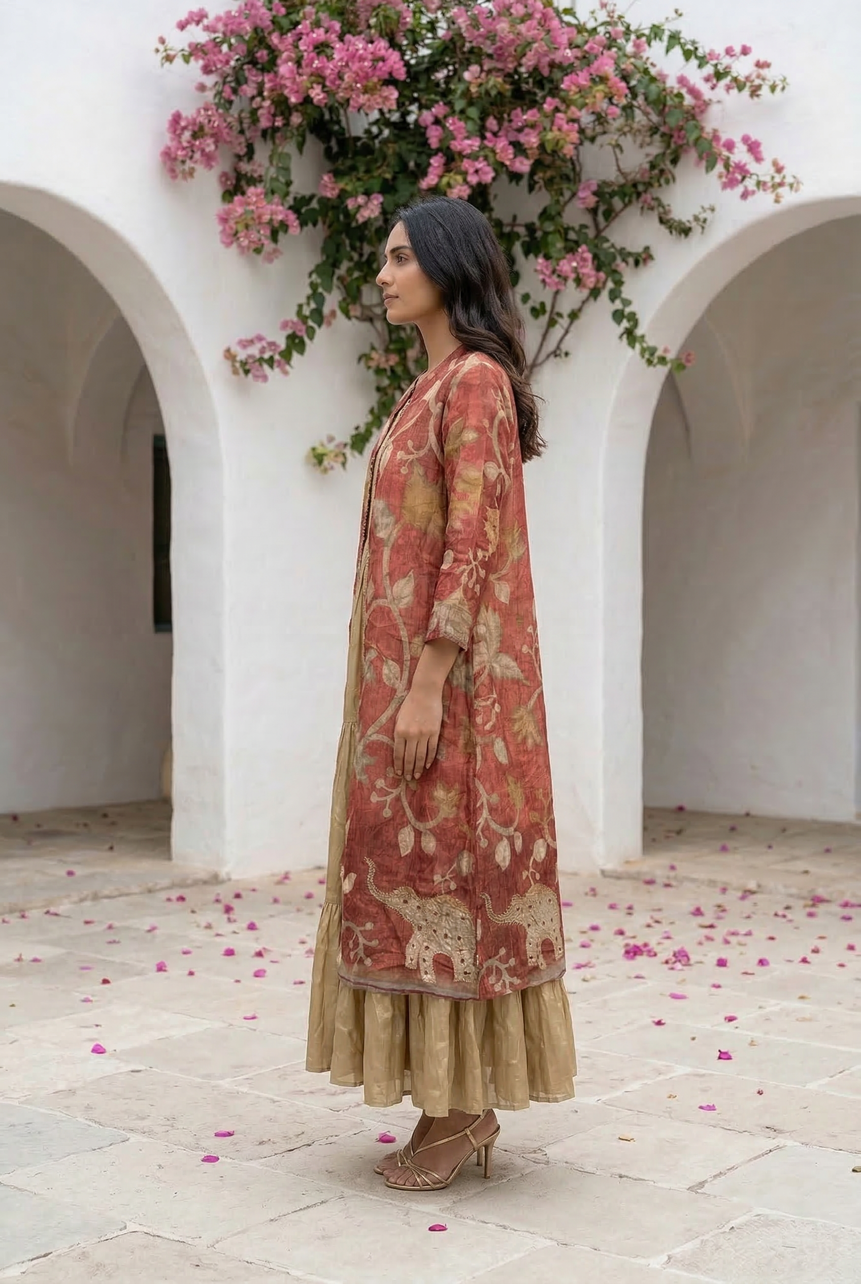 Maroon Flared Anarkali with Ethnic Printed Russian Silk Long Shrug Set