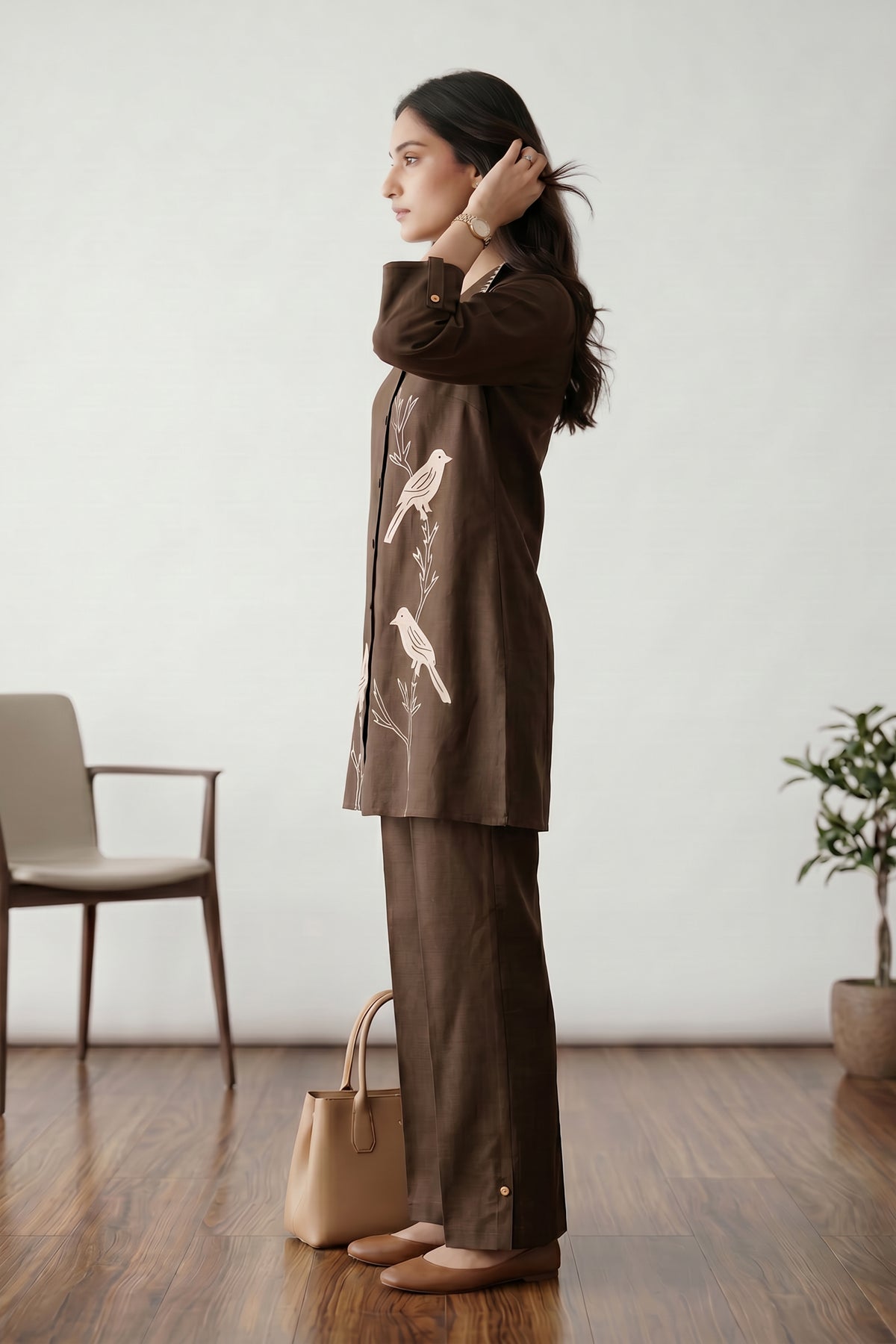 Brown Bird Motif Embroidery Shirt Collar Cotton Co-ord Set