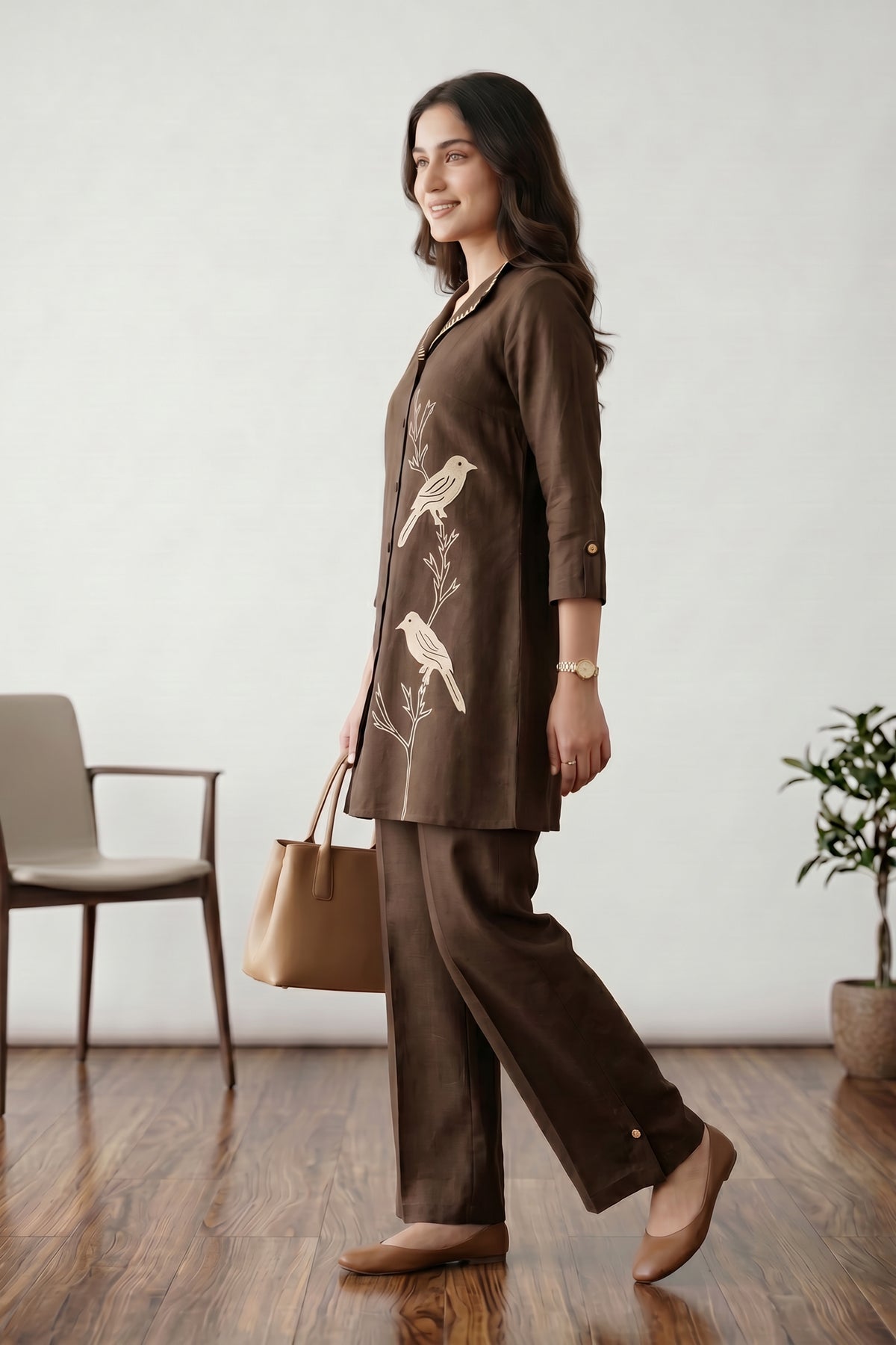 Brown Bird Motif Embroidery Shirt Collar Cotton Co-ord Set