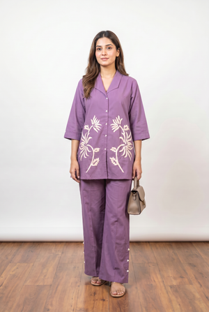 Lavender Floral Embroidery Cotton Flex Co-ord Set