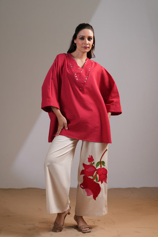 Crimson Bloom Embroidered Cotton Flex Co-ord Set