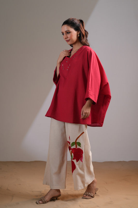 Crimson Bloom Embroidered Cotton Flex Co-ord Set