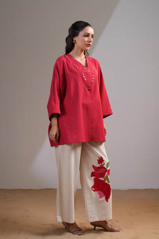 Crimson Bloom Embroidered Cotton Flex Co-ord Set