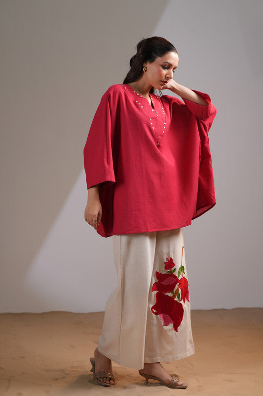 Crimson Bloom Embroidered Cotton Flex Co-ord Set