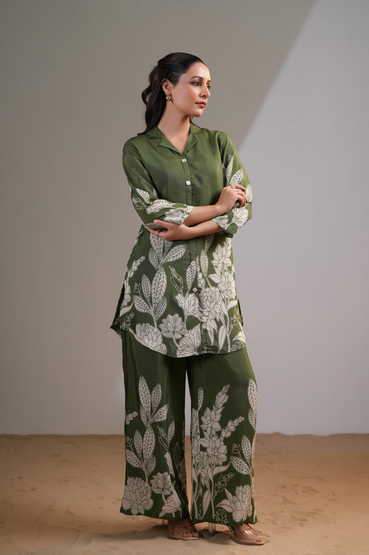 Pista Green Floral Printed Russian Silk Co-ord Set