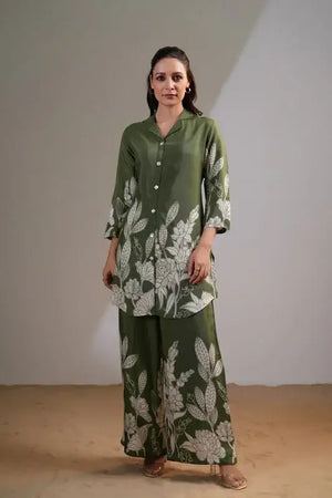 Pista Green Floral Printed Russian Silk Co-ord Set