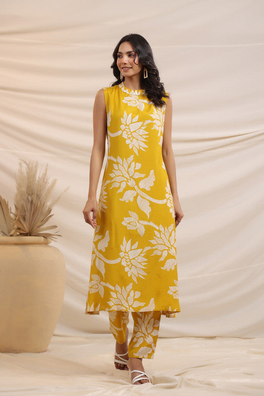 Mustard Yellow Floral Printed Russian Silk Co-ord Set