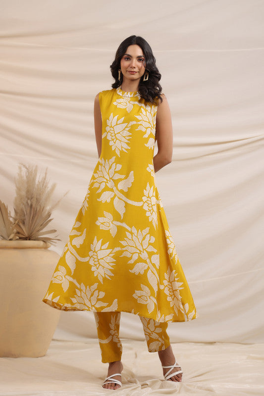 Mustard Yellow Floral Printed Russian Silk Co-ord Set