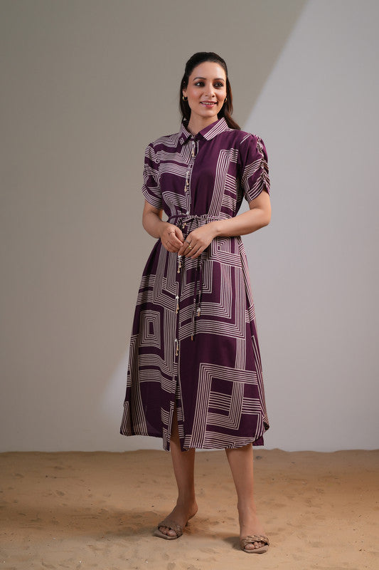 Plum Geometric Belted Russian Silk Dress