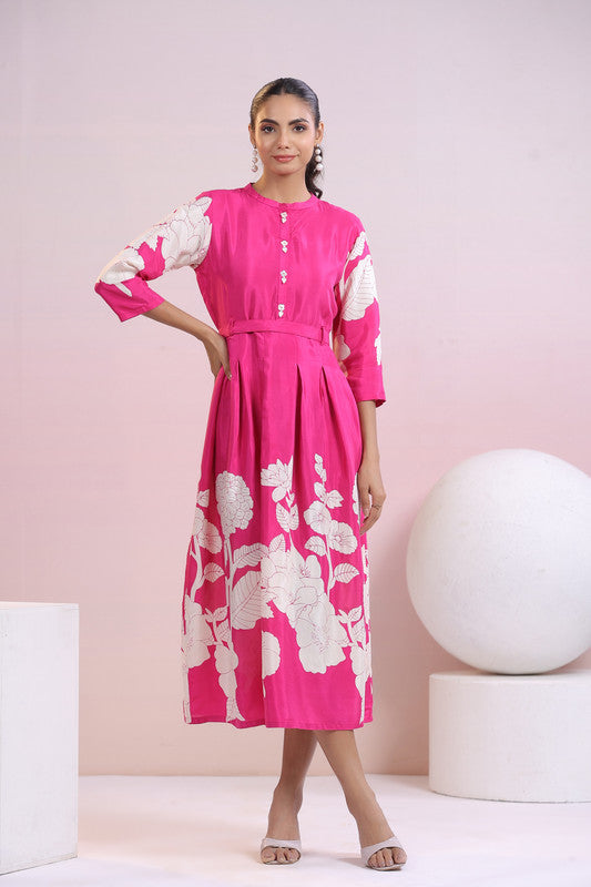 Fuchsia Blossom Belted Russian Silk Dress