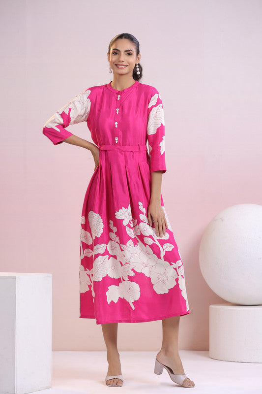 Fuchsia Blossom Belted Russian Silk Dress