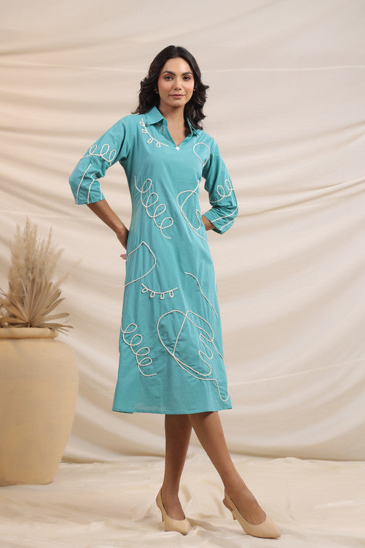 Turquoise Abstract Printed A-Line Cotton Dress