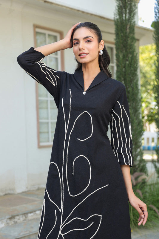 Black Botanical Line Art  Embroidered Cotton Dress