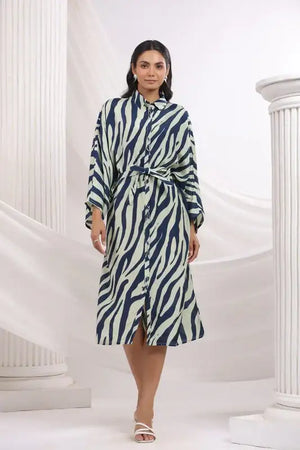 Blue Zebra Printed Shirt Russian Silk Dress
