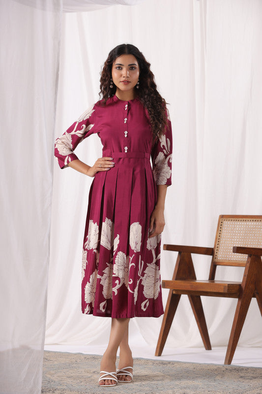 Elegant Wine Pleated Floral Russian Silk Dress