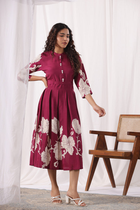 Elegant Wine Pleated Floral Russian Silk Dress