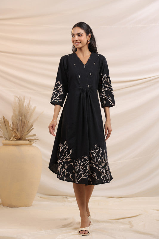 Midnight Black Elegance Flared Cotton Embroidered Dress