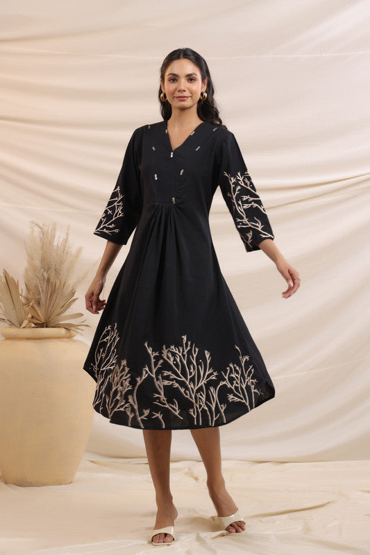 Midnight Black Elegance Flared Cotton Embroidered Dress