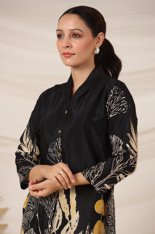 Noir Black Floral Russian Silk Top