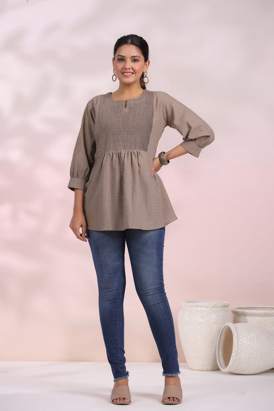 Misty Taupe Smocked Cotton Top