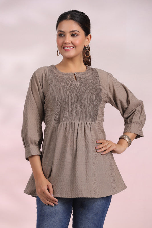 Misty Taupe Smocked Cotton Top