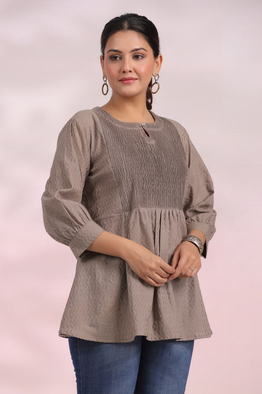 Misty Taupe Smocked Cotton Top