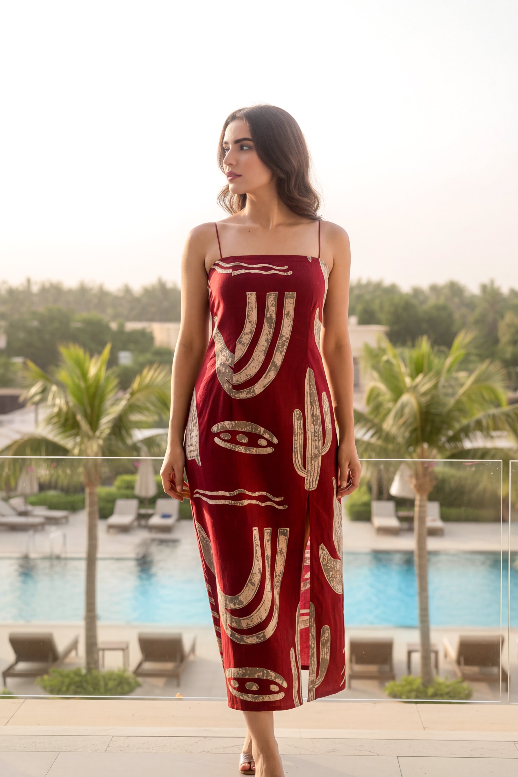 Maroon Abstract Printed Cotton Sleeveless Strap Midi Dress with Side Slit
