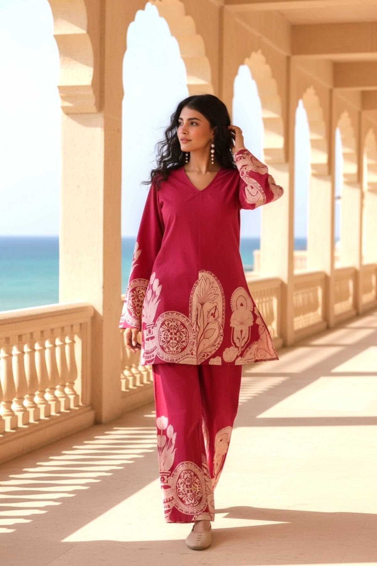 Pink Floral & Geometric Motifs Printed Cotton Co-ord Set