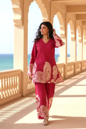 Pink Floral & Geometric Motifs Printed Cotton Co-ord Set