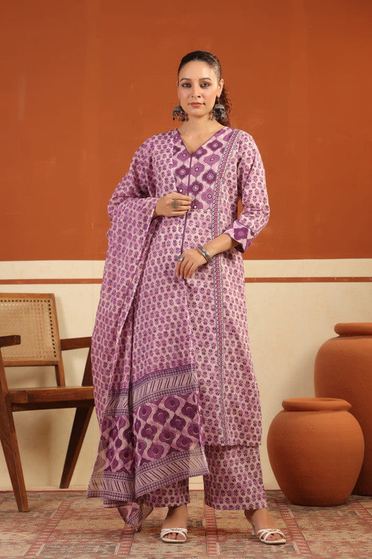 Purple Floral Printed Cotton Kurta Set with Dupatta
