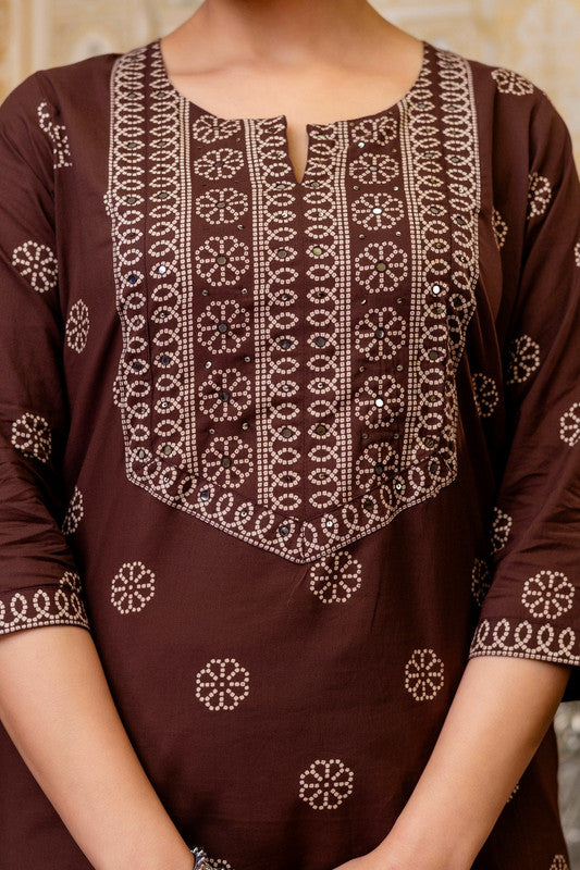 Brown Ethnic Print Kurta Pant Set with Contrast Border Dupatta