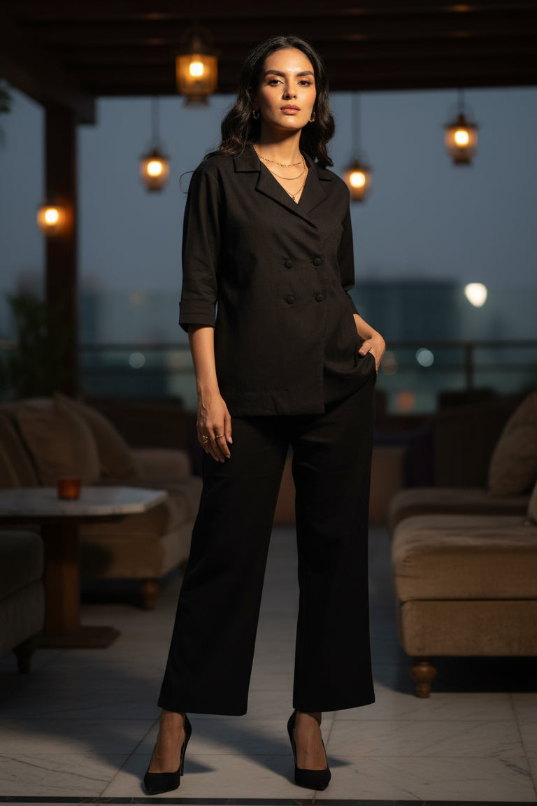 Double-Breasted Blazer Black Solid Cotton Flex Co-ord Set