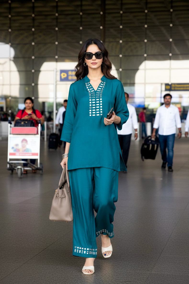 Elegant Teal Handcrafted Mirror-Work Co-ord Set