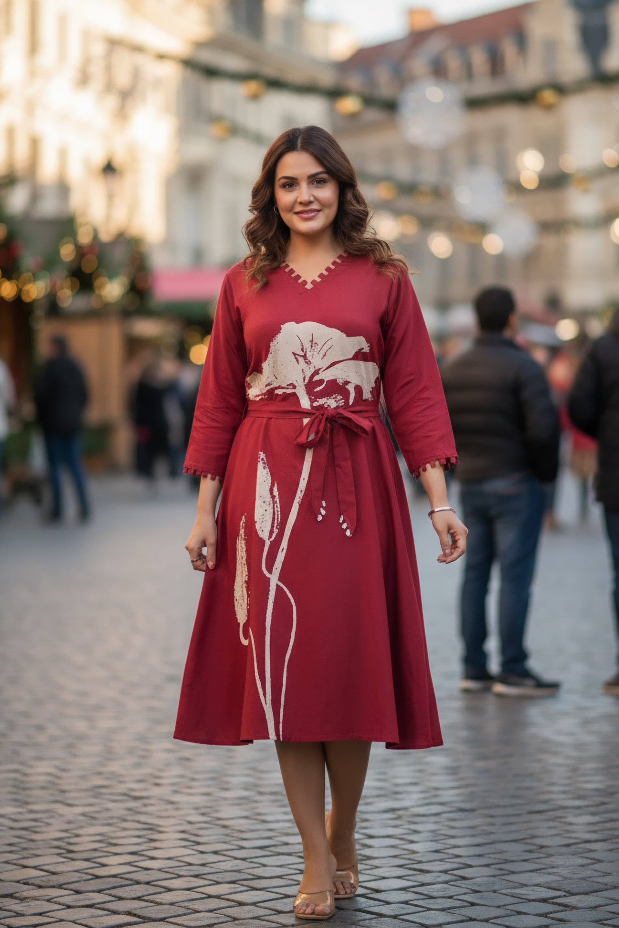 Red Floral Russian Silk Midi Dress